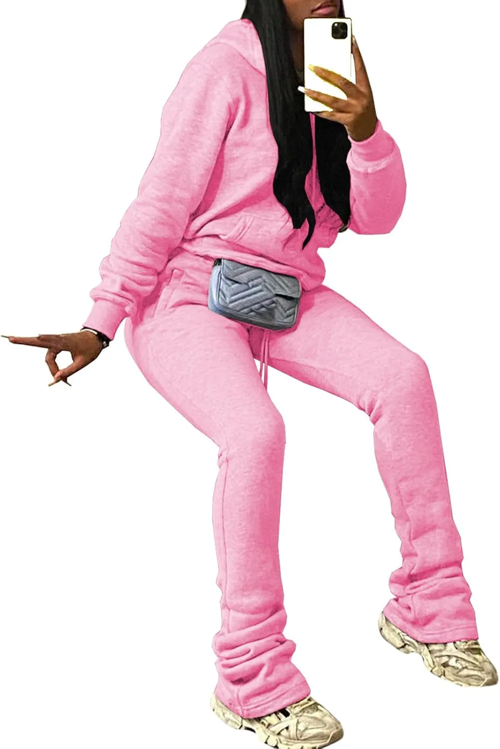 Women's Sweatsuits Sets Fleece 2 Piece Outfits Hooded Sweatshirts and Stacked Legging Sweatpans Tracksuit Lounge Set