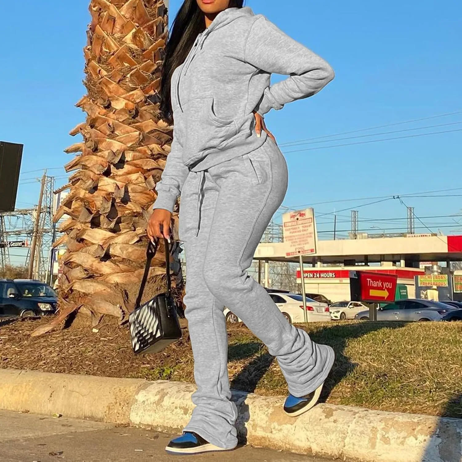 Women's Sweatsuits Sets Fleece 2 Piece Outfits Hooded Sweatshirts and Stacked Legging Sweatpans Tracksuit Lounge Set