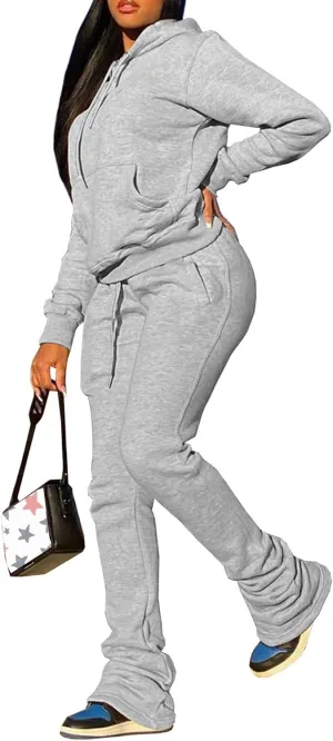 Women's Sweatsuits Sets Fleece 2 Piece Outfits Hooded Sweatshirts and Stacked Legging Sweatpans Tracksuit Lounge Set