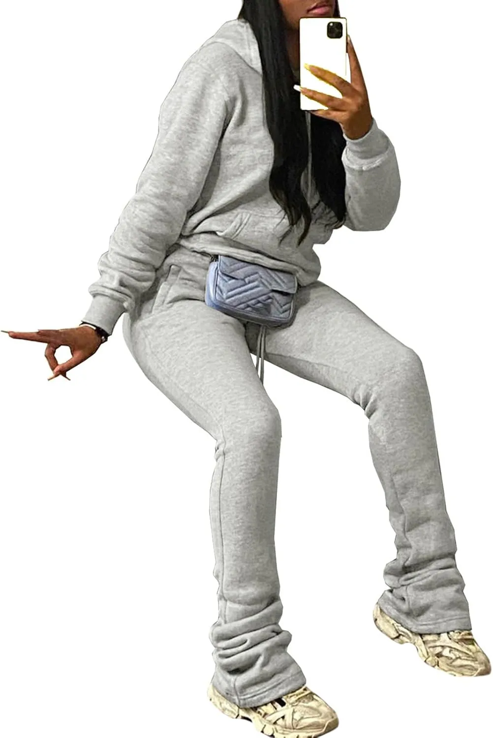 Women's Sweatsuits Sets Fleece 2 Piece Outfits Hooded Sweatshirts and Stacked Legging Sweatpans Tracksuit Lounge Set