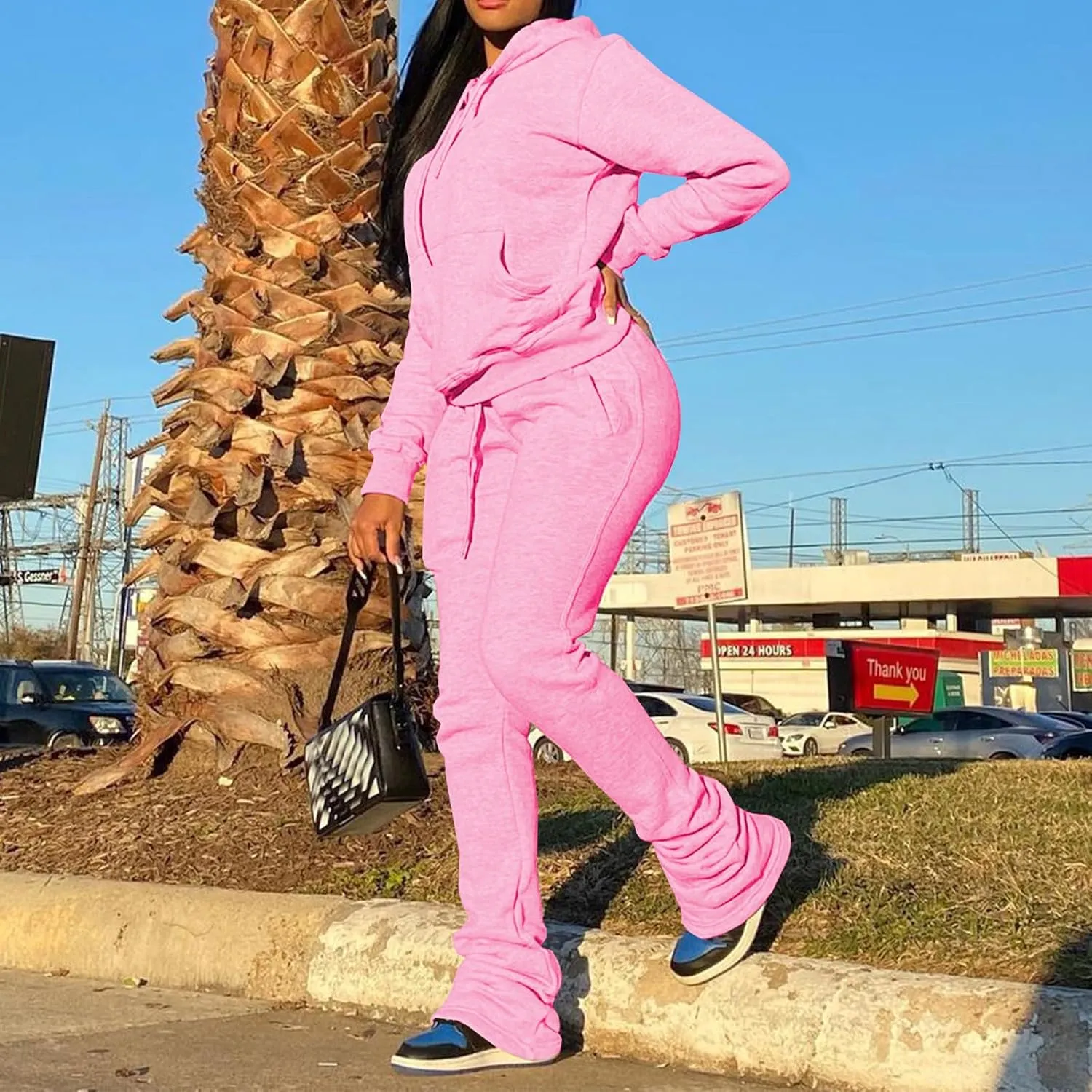 Women's Sweatsuits Sets Fleece 2 Piece Outfits Hooded Sweatshirts and Stacked Legging Sweatpans Tracksuit Lounge Set