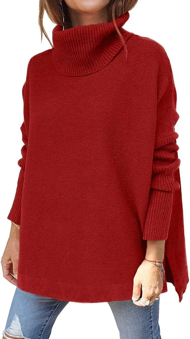 Womens Turtleneck Batwing Sleeve Chunky Knit Pullover Sweater Tops Casual Oversized Spilt Hem Tunic Sweaters