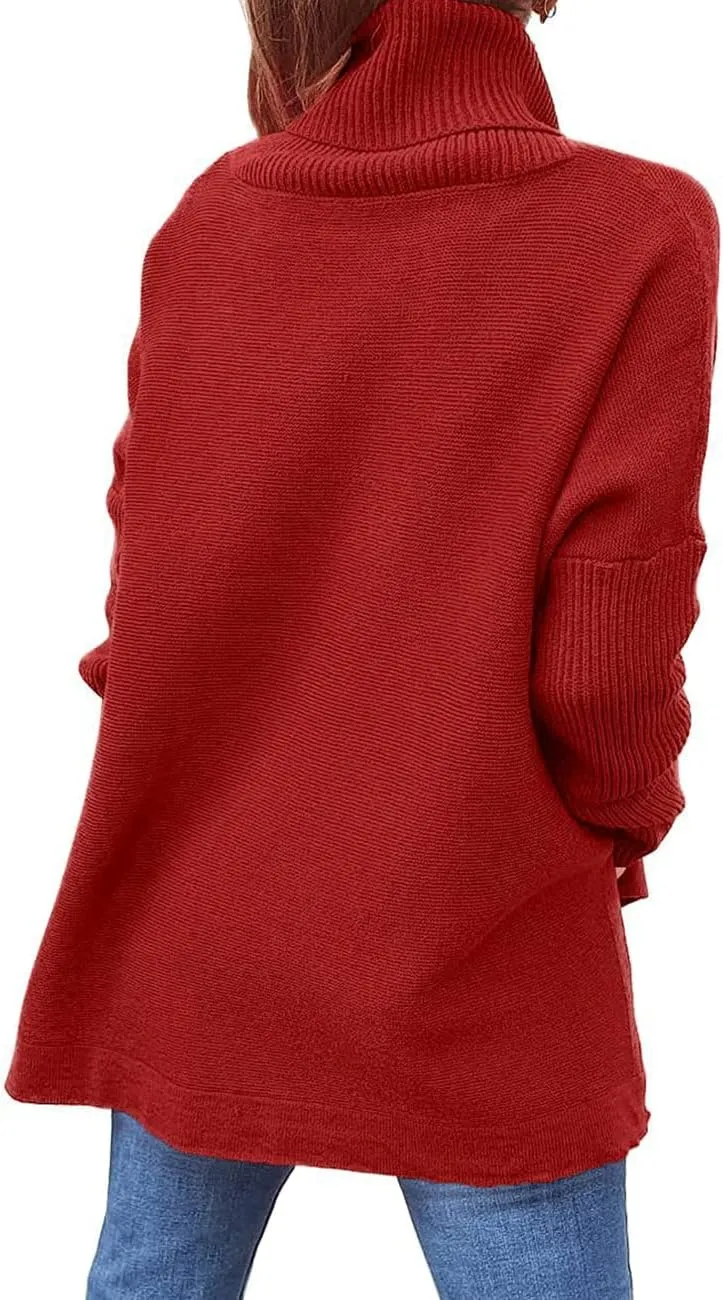 Womens Turtleneck Batwing Sleeve Chunky Knit Pullover Sweater Tops Casual Oversized Spilt Hem Tunic Sweaters