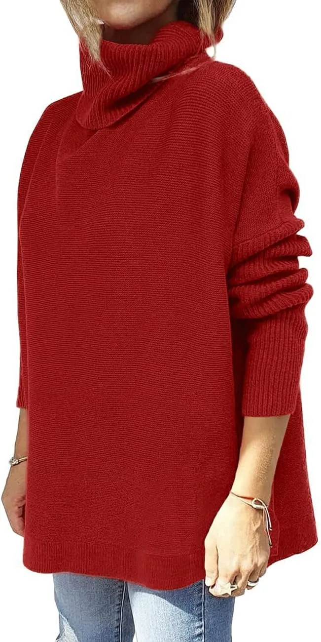 Womens Turtleneck Batwing Sleeve Chunky Knit Pullover Sweater Tops Casual Oversized Spilt Hem Tunic Sweaters