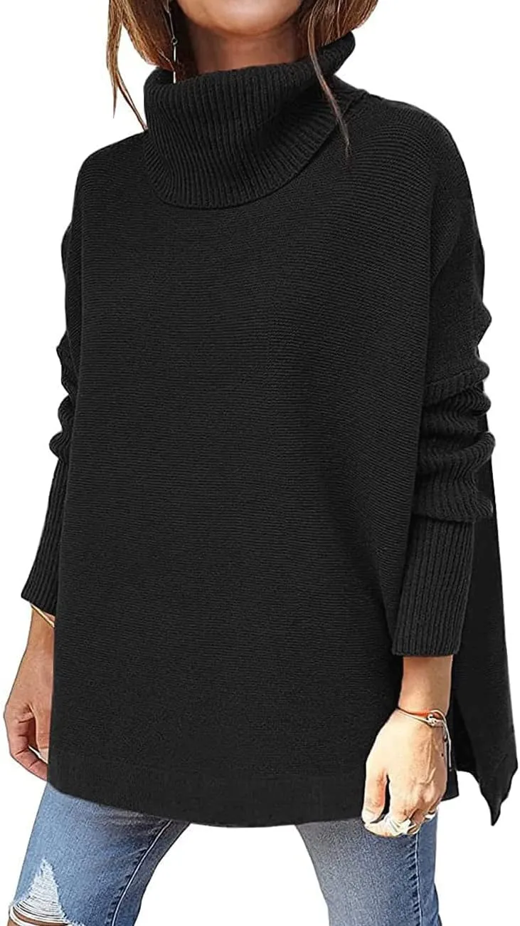Womens Turtleneck Batwing Sleeve Chunky Knit Pullover Sweater Tops Casual Oversized Spilt Hem Tunic Sweaters