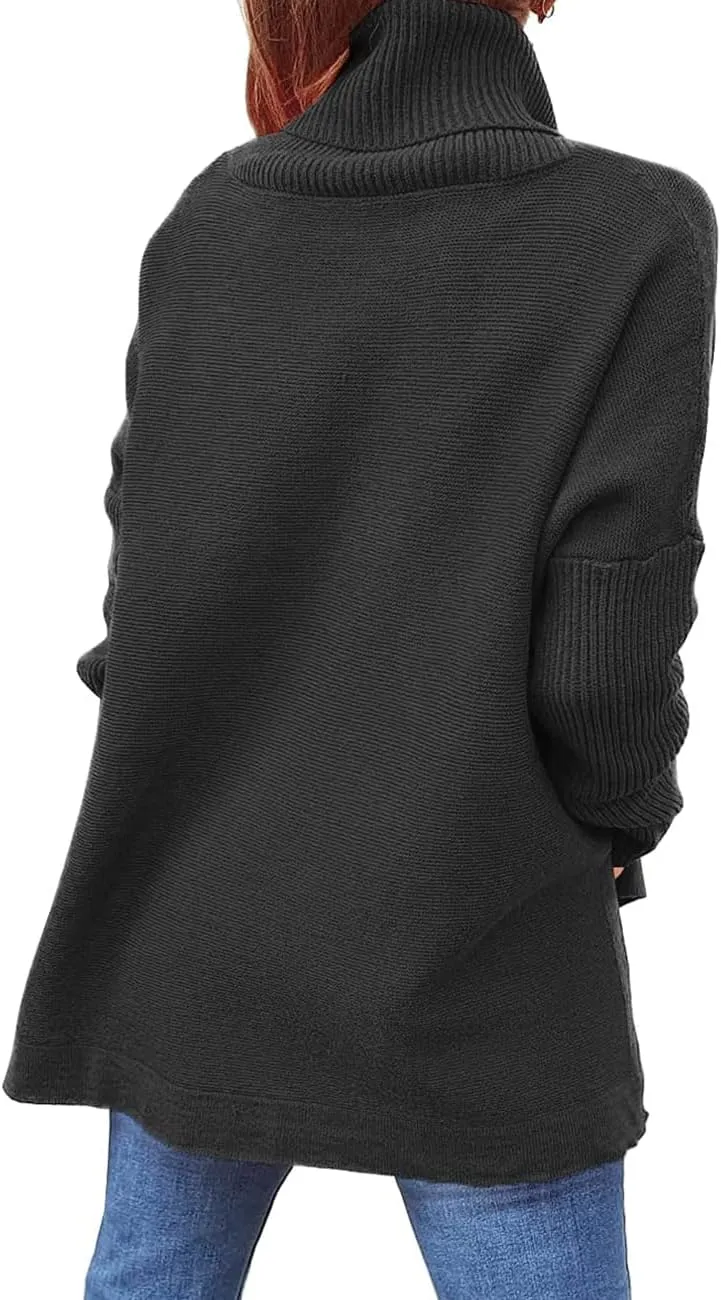 Womens Turtleneck Batwing Sleeve Chunky Knit Pullover Sweater Tops Casual Oversized Spilt Hem Tunic Sweaters
