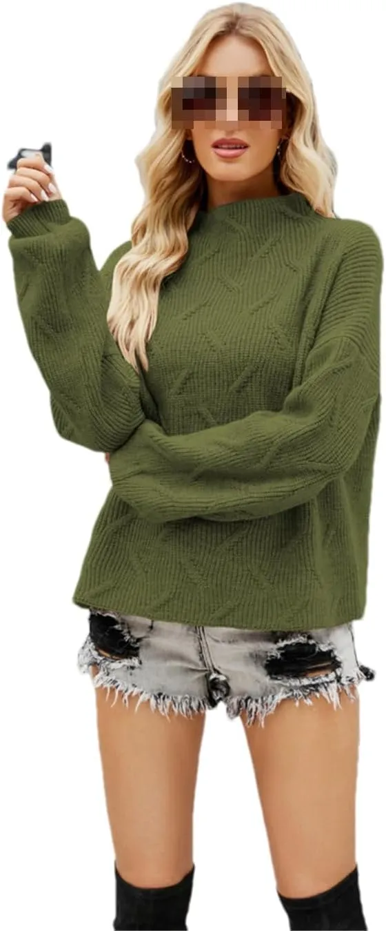 Women's Turtleneck Knitted Sweater Loose Oversize Long Lantern Sleeve Warm Pullover Jumper