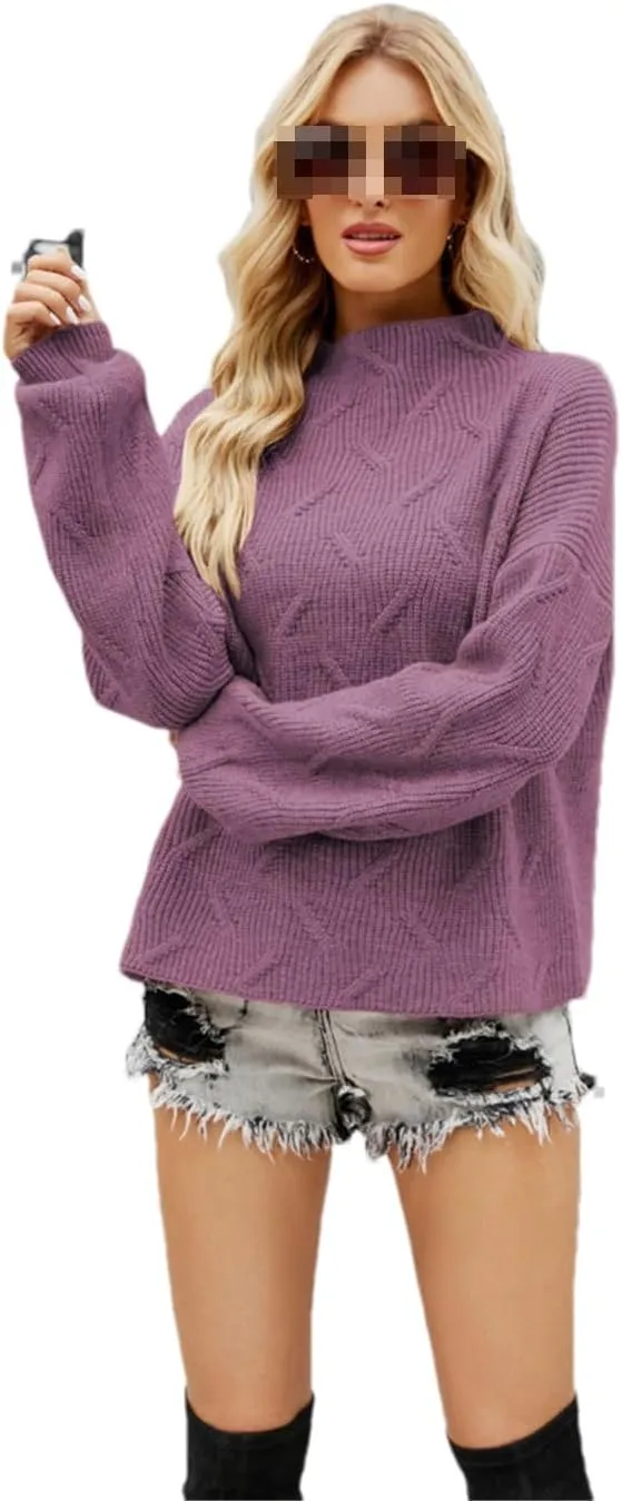Women's Turtleneck Knitted Sweater Loose Oversize Long Lantern Sleeve Warm Pullover Jumper