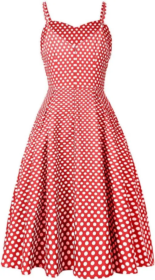Women's V-Neck Sleeveless Vintage Dot Print Summer Beach Dress
