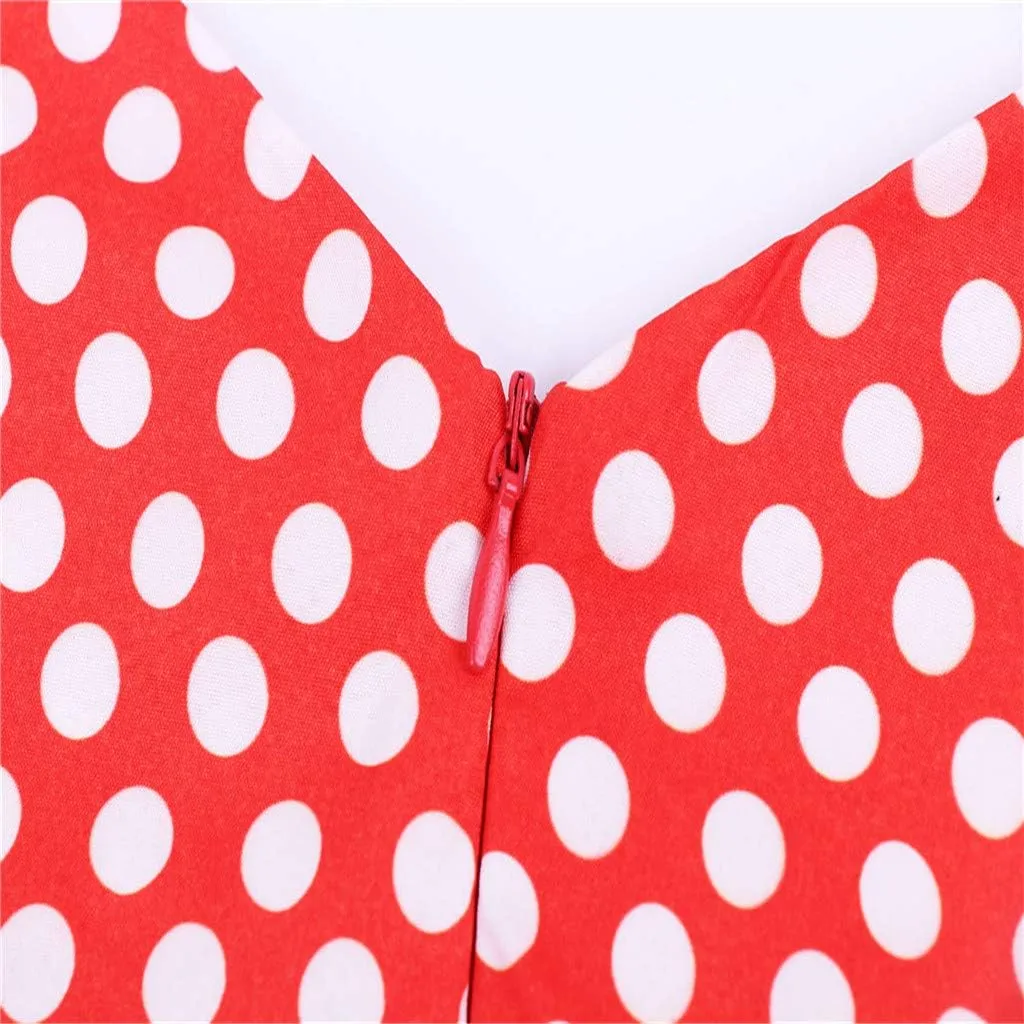 Women's V-Neck Sleeveless Vintage Dot Print Summer Beach Dress