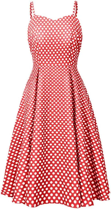 Women's V-Neck Sleeveless Vintage Dot Print Summer Beach Dress