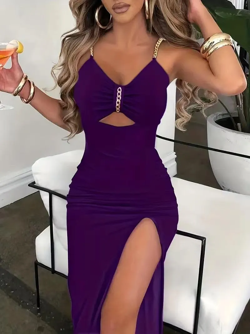Women's Velvet Evening Dress, Chain Strap Detail, High Slit, Sleeveless Cocktail Party Gown
