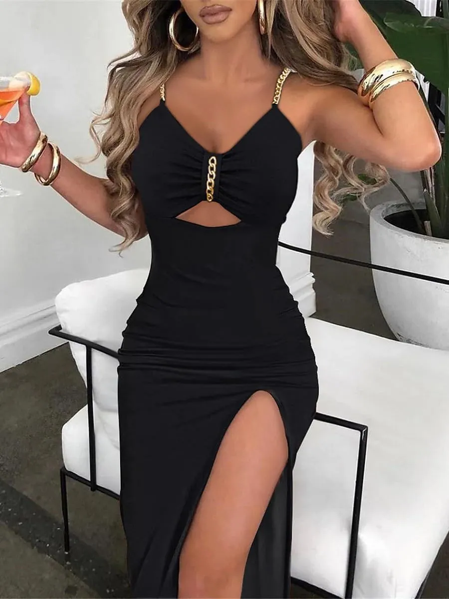Women's Velvet Evening Dress, Chain Strap Detail, High Slit, Sleeveless Cocktail Party Gown