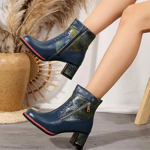 Women's Vintage Patchwork Chunky Heel Ankle Martin Boots 47424939C