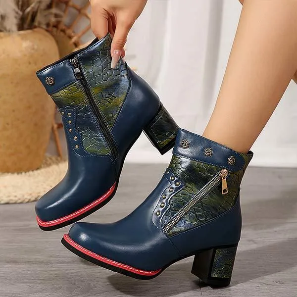 Women's Vintage Patchwork Chunky Heel Ankle Martin Boots 47424939C