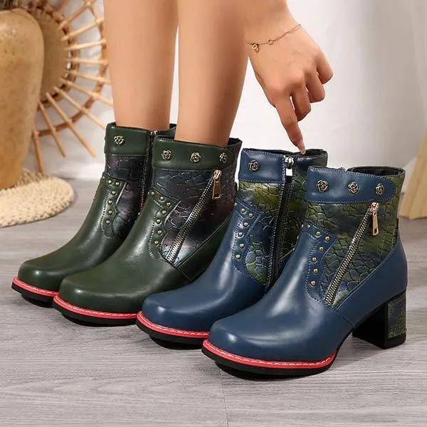 Women's Vintage Patchwork Chunky Heel Ankle Martin Boots 47424939C
