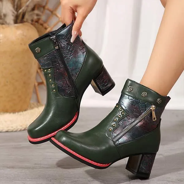 Women's Vintage Patchwork Chunky Heel Ankle Martin Boots 47424939C