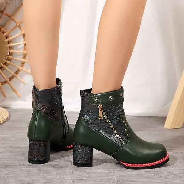 Women's Vintage Patchwork Chunky Heel Ankle Martin Boots 47424939C