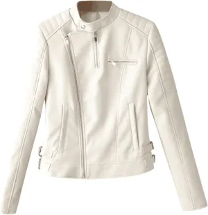 Womens White Biker Genuine Sheepskin Quilted Shoulders Moto Racer Sporty Slim Fit Crossover Asymmetric Leather Jacket (US, Alpha, Large, Regular, Regular)