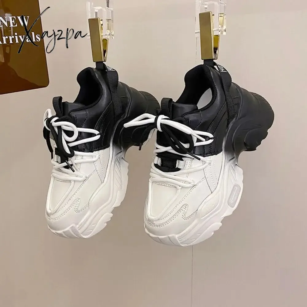 Xajzpa - Sneakers Women Top Quality Leather Platform Shoes 8cm High Heel Women Casual Sneakers Round Toe Mixed Colors Dad Shoes