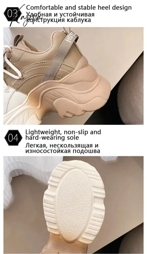 Xajzpa - Sneakers Women Top Quality Leather Platform Shoes 8cm High Heel Women Casual Sneakers Round Toe Mixed Colors Dad Shoes
