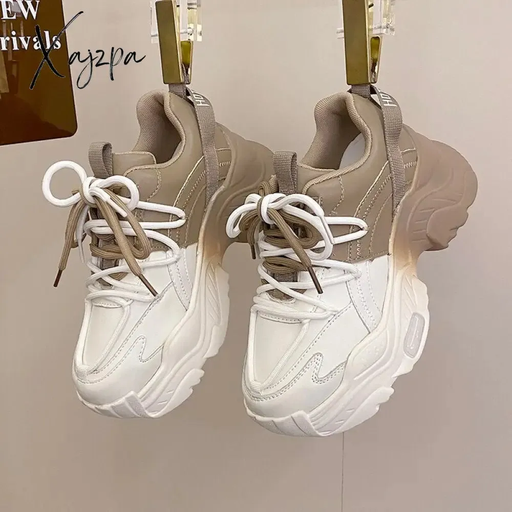 Xajzpa - Sneakers Women Top Quality Leather Platform Shoes 8cm High Heel Women Casual Sneakers Round Toe Mixed Colors Dad Shoes
