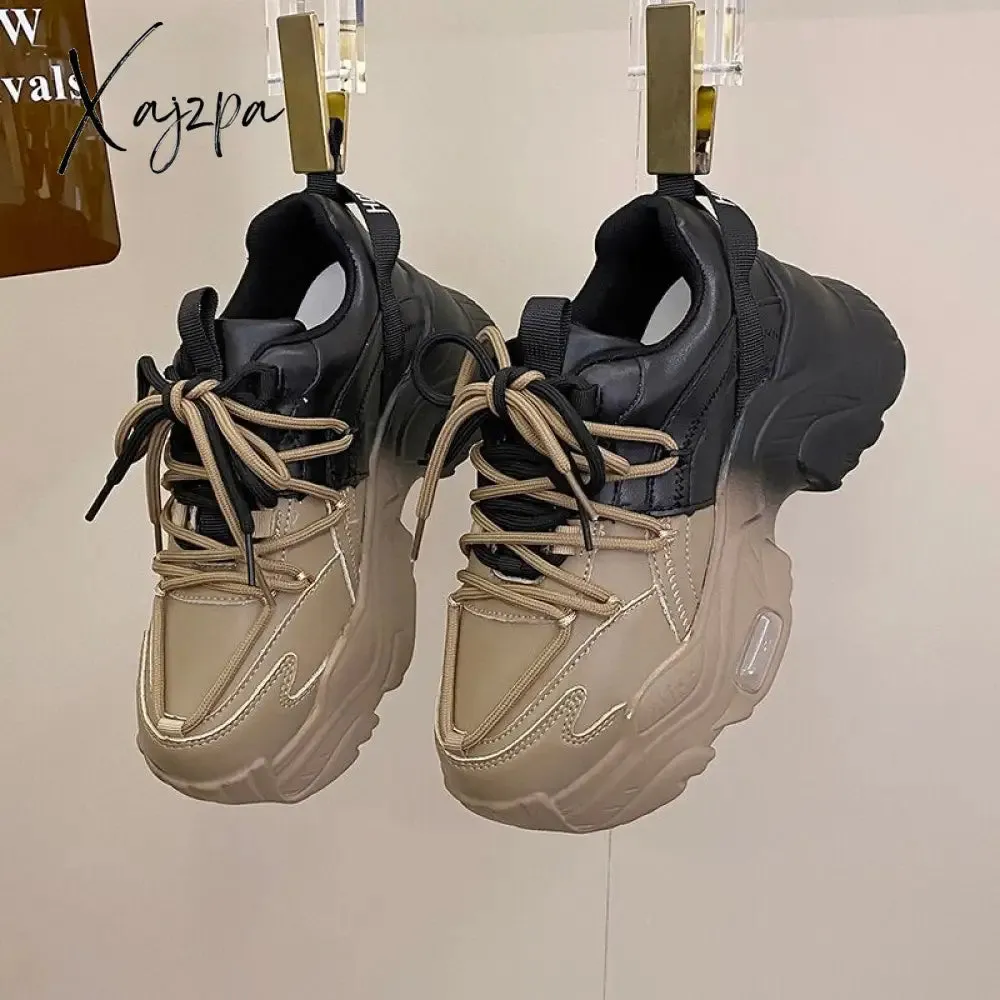 Xajzpa - Sneakers Women Top Quality Leather Platform Shoes 8cm High Heel Women Casual Sneakers Round Toe Mixed Colors Dad Shoes