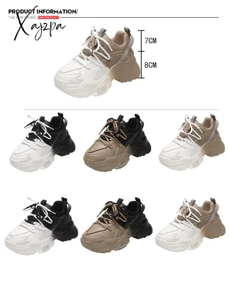 Xajzpa - Sneakers Women Top Quality Leather Platform Shoes 8cm High Heel Women Casual Sneakers Round Toe Mixed Colors Dad Shoes
