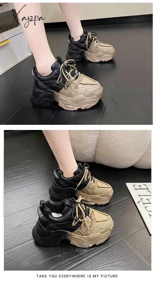 Xajzpa - Sneakers Women Top Quality Leather Platform Shoes 8cm High Heel Women Casual Sneakers Round Toe Mixed Colors Dad Shoes