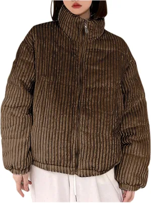 XUNRYAN Womens Baggy Bubble Corduroy Puffer Jacket Winter Warm Down Coat Quilted Lightweight Jackets Active Outdoor Outwear