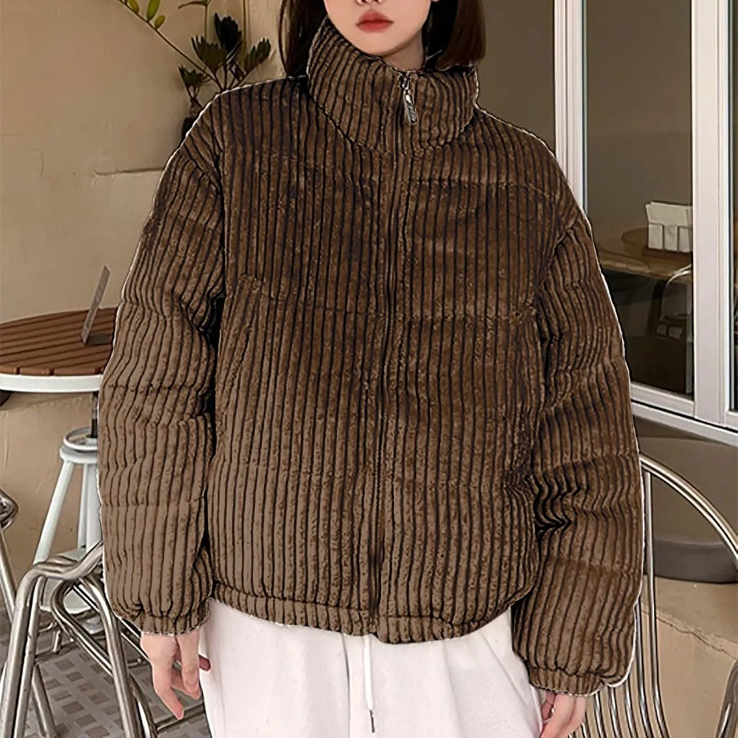 XUNRYAN Womens Baggy Bubble Corduroy Puffer Jacket Winter Warm Down Coat Quilted Lightweight Jackets Active Outdoor Outwear