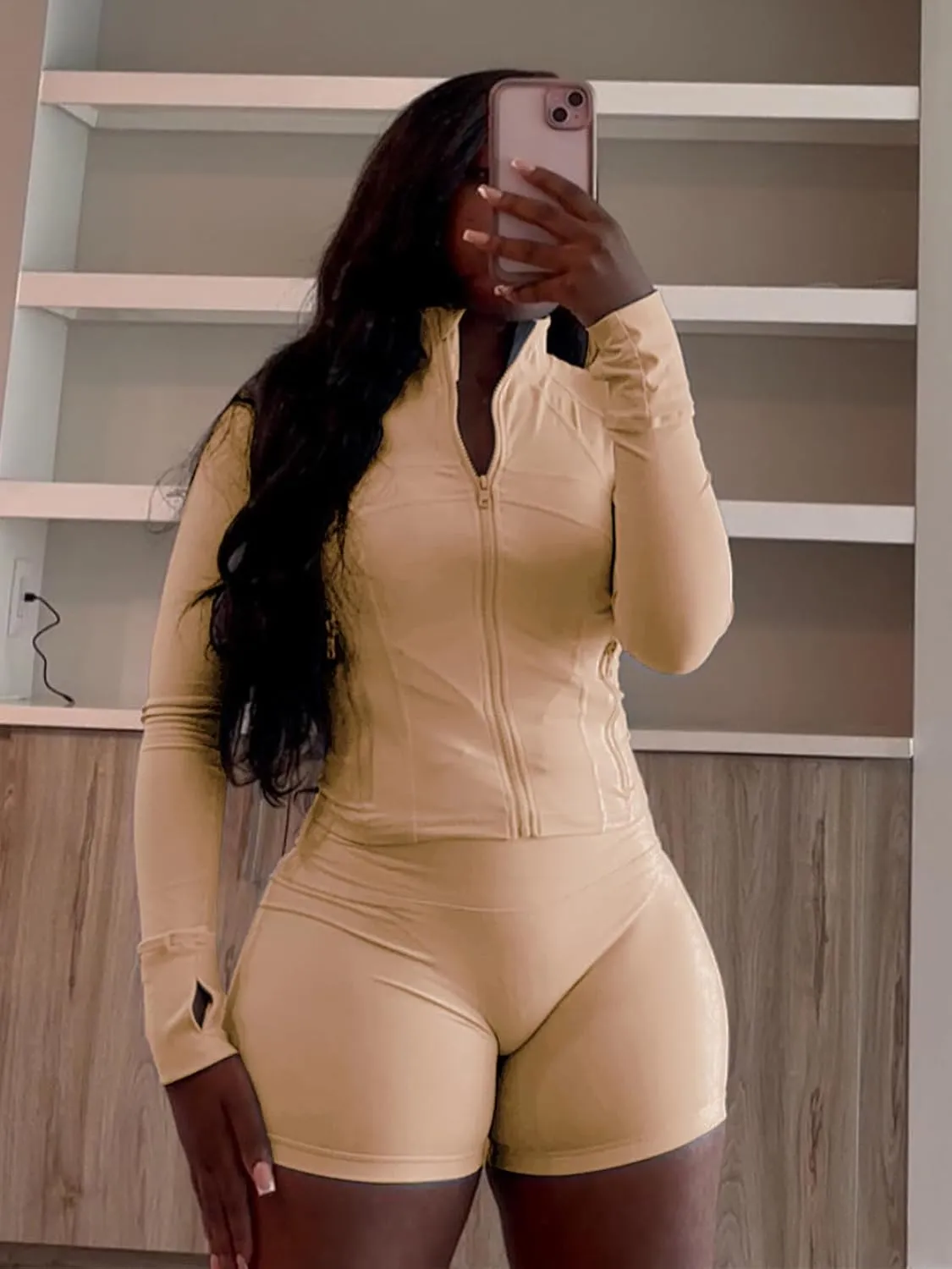 XZLUFNY Two Piece Short Sets for Women Long Sleeve Sport Jacket Bodycon Short Tracksuit Sweatsuit