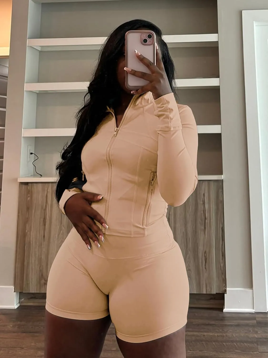 XZLUFNY Two Piece Short Sets for Women Long Sleeve Sport Jacket Bodycon Short Tracksuit Sweatsuit
