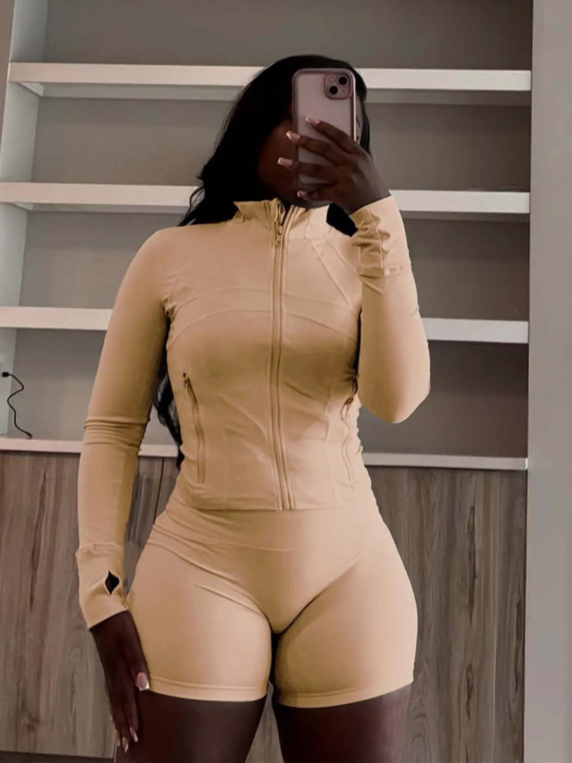 XZLUFNY Two Piece Short Sets for Women Long Sleeve Sport Jacket Bodycon Short Tracksuit Sweatsuit