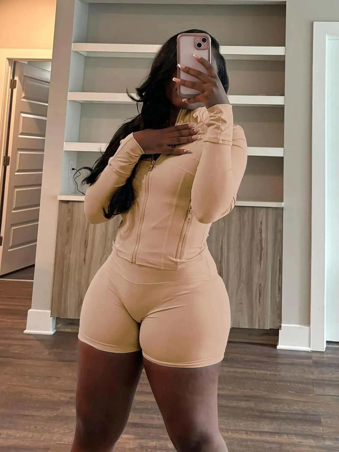 XZLUFNY Two Piece Short Sets for Women Long Sleeve Sport Jacket Bodycon Short Tracksuit Sweatsuit