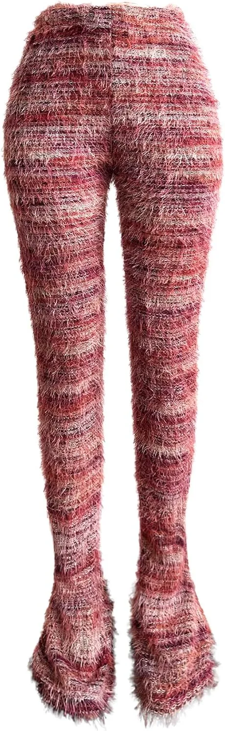 XZLUFNY Women's Stacked Fuzzy Pants High Waisted Striped Knit Sweatpnts Leggings