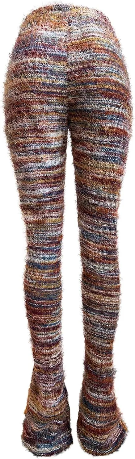 XZLUFNY Women's Stacked Fuzzy Pants High Waisted Striped Knit Sweatpnts Leggings