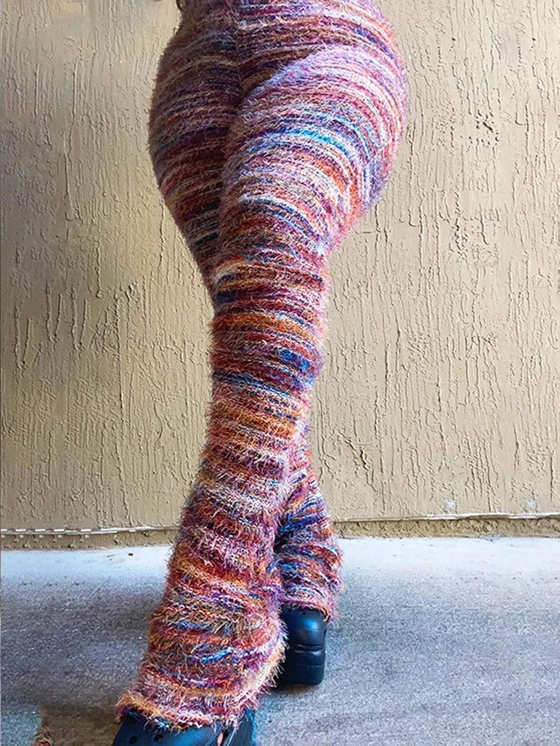 XZLUFNY Women's Stacked Fuzzy Pants High Waisted Striped Knit Sweatpnts Leggings