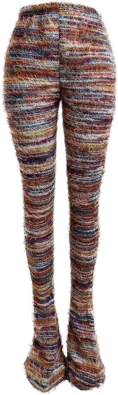 XZLUFNY Women's Stacked Fuzzy Pants High Waisted Striped Knit Sweatpnts Leggings