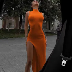 Y2k Sleeveless Orange Midi Women's Dress Side Slit Turtleneck