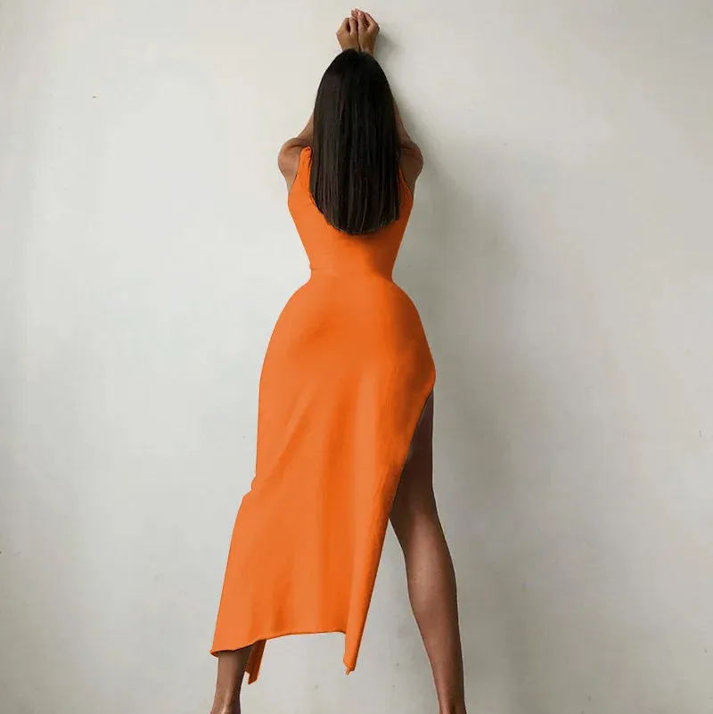 Y2k Sleeveless Orange Midi Women's Dress Side Slit Turtleneck