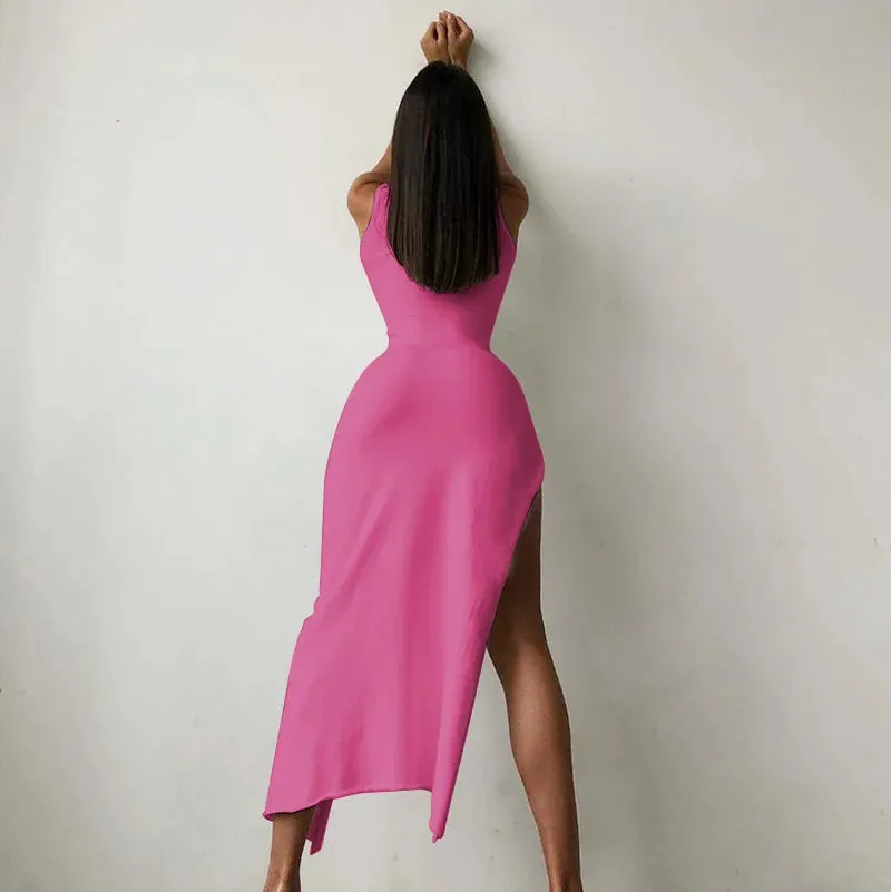 Y2k Sleeveless Orange Midi Women's Dress Side Slit Turtleneck