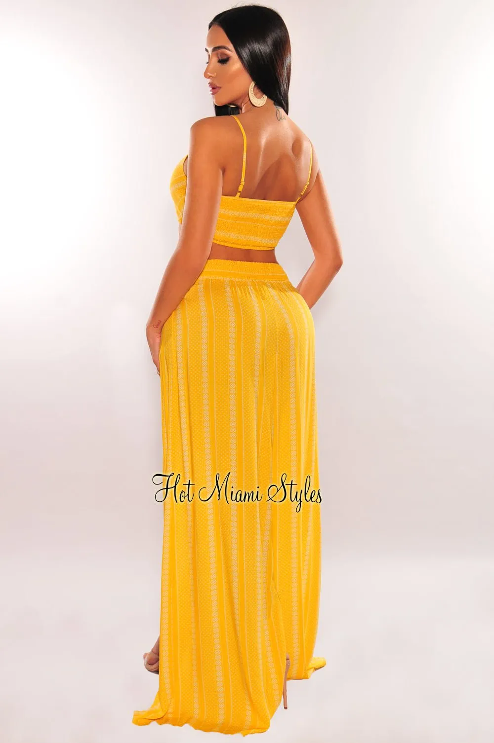 Yellow White Striped Spaghetti Straps Tie Up Double Slit Pants Two Piece Set