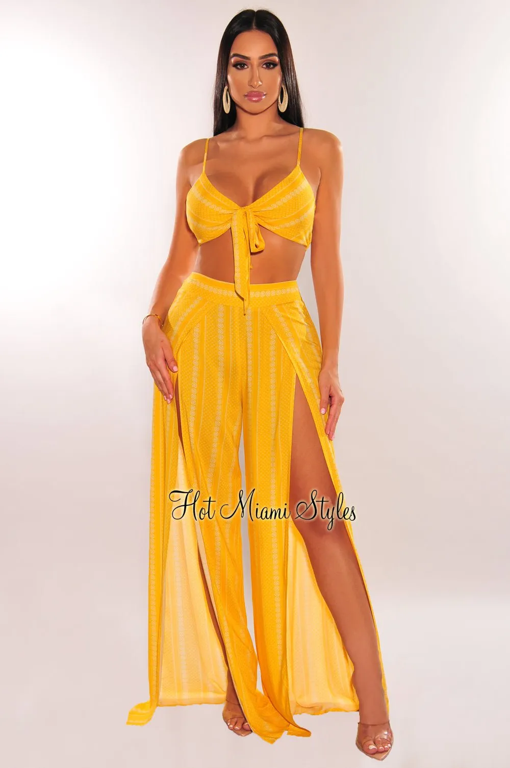 Yellow White Striped Spaghetti Straps Tie Up Double Slit Pants Two Piece Set