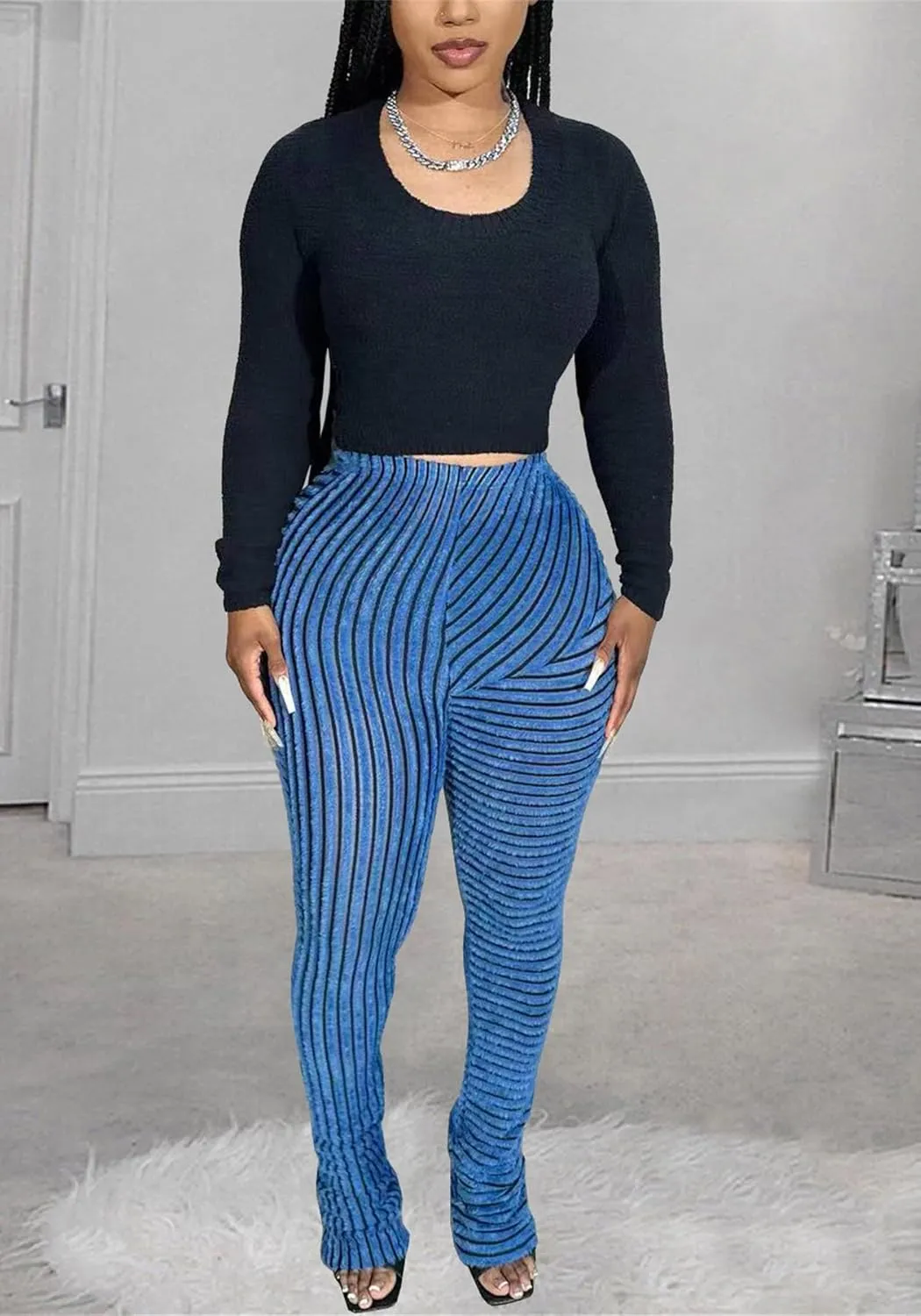 YOOTIKO Women Stacked Pants Flare Sweatpants High Waisted Striped Fuzzy Lounge Butt Lifting Leggings