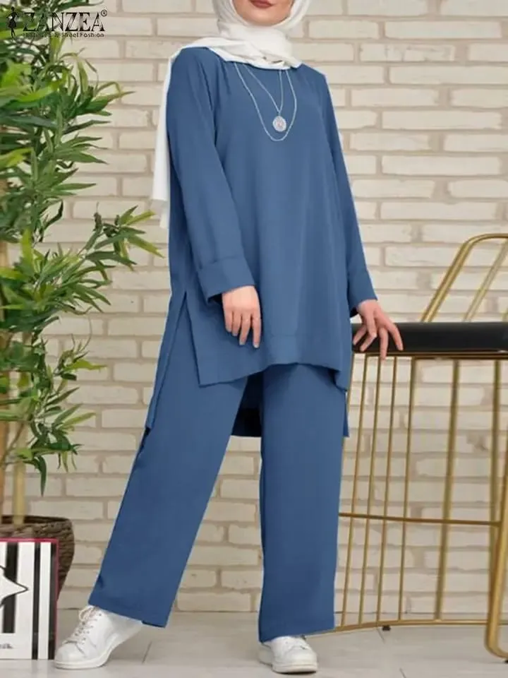 ZANZEA Autumn Vintage Muslim Sets Women Long Sleeve Blouse Pant Sets 2PCS Dubai Turkey Abaya Hijab Outifits Solid Tracksuit S S4731361