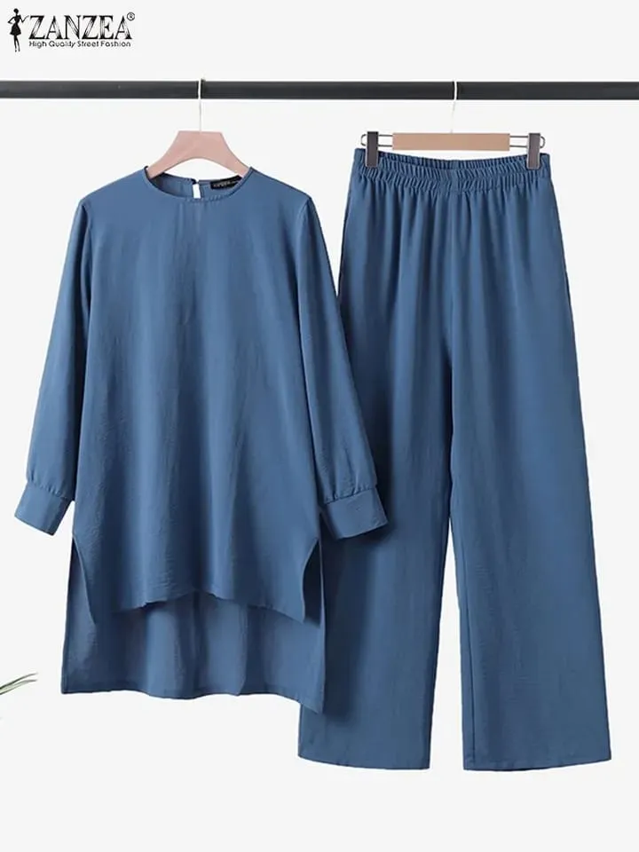 ZANZEA Autumn Vintage Muslim Sets Women Long Sleeve Blouse Pant Sets 2PCS Dubai Turkey Abaya Hijab Outifits Solid Tracksuit S S4731361