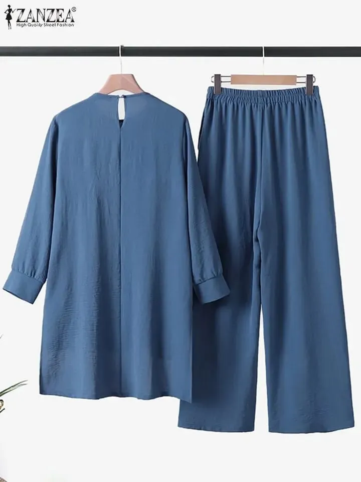 ZANZEA Autumn Vintage Muslim Sets Women Long Sleeve Blouse Pant Sets 2PCS Dubai Turkey Abaya Hijab Outifits Solid Tracksuit S S4731361