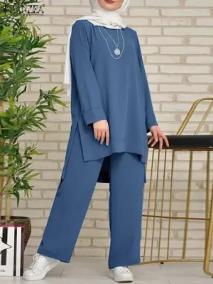 ZANZEA Autumn Vintage Muslim Sets Women Long Sleeve Blouse Pant Sets 2PCS Dubai Turkey Abaya Hijab Outifits Solid Tracksuit S S4731361
