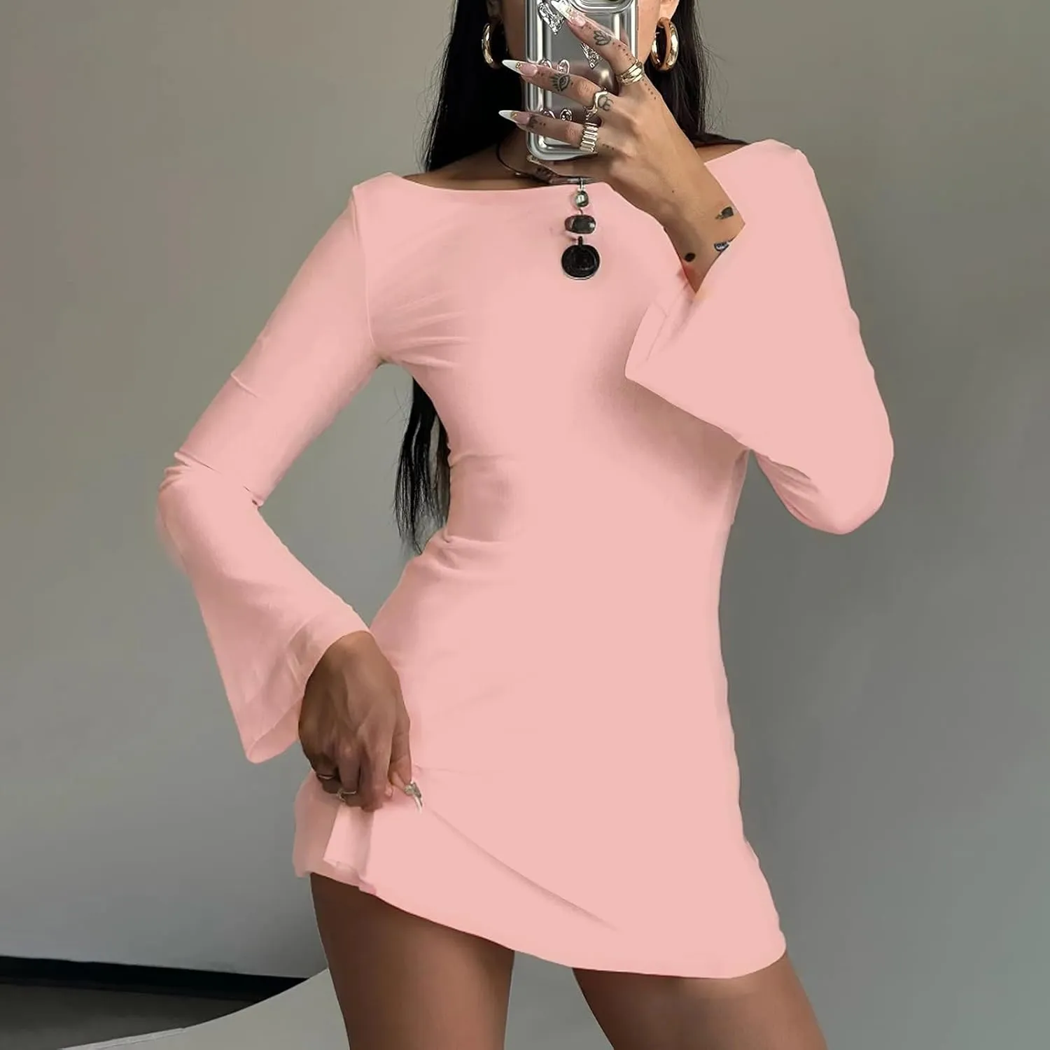 Zwirelz Women Sexy Boat Neck Backless Mesh Mini Dress Y2k Going Out Slim Fit Bell Sleeve Self Tie Back Sheer Short Dresses